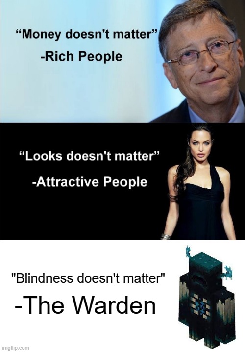 We all fear him | "Blindness doesn't matter"; -The Warden | image tagged in money looks don't matter,meincraft | made w/ Imgflip meme maker