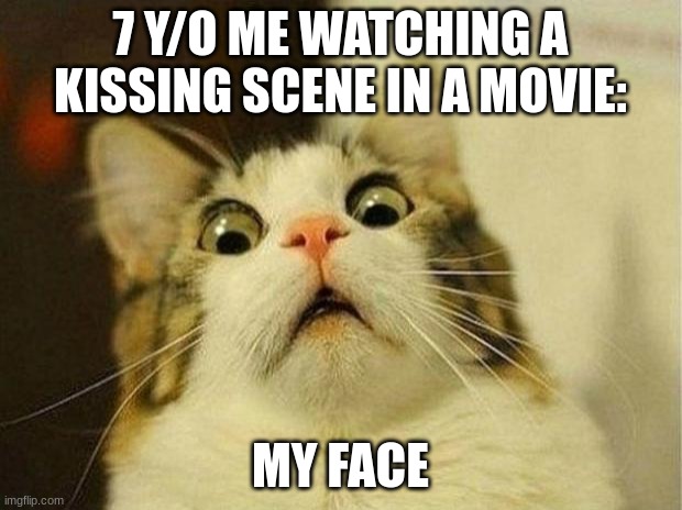 Scared Cat | 7 Y/O ME WATCHING A KISSING SCENE IN A MOVIE:; MY FACE | image tagged in memes,scared cat | made w/ Imgflip meme maker