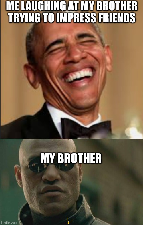 ME LAUGHING AT MY BROTHER TRYING TO IMPRESS FRIENDS; MY BROTHER | image tagged in memes,matrix morpheus | made w/ Imgflip meme maker