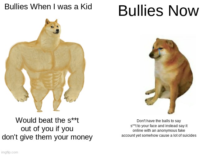 Bullies in a nutshell | Bullies When I was a Kid; Bullies Now; Would beat the s**t out of you if you don't give them your money; Don't have the balls to say s**t to your face and instead say it online with an anonymous fake account yet somehow cause a lot of suicides | image tagged in memes,buff doge vs cheems | made w/ Imgflip meme maker