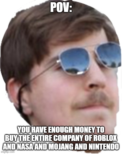 Mrbeast | POV:; YOU HAVE ENOUGH MONEY TO BUY THE ENTIRE COMPANY OF ROBLOX AND NASA AND MOJANG AND NINTENDO | image tagged in mrbeast | made w/ Imgflip meme maker