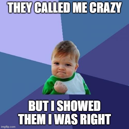 Success Kid | THEY CALLED ME CRAZY; BUT I SHOWED THEM I WAS RIGHT | image tagged in memes,success kid | made w/ Imgflip meme maker