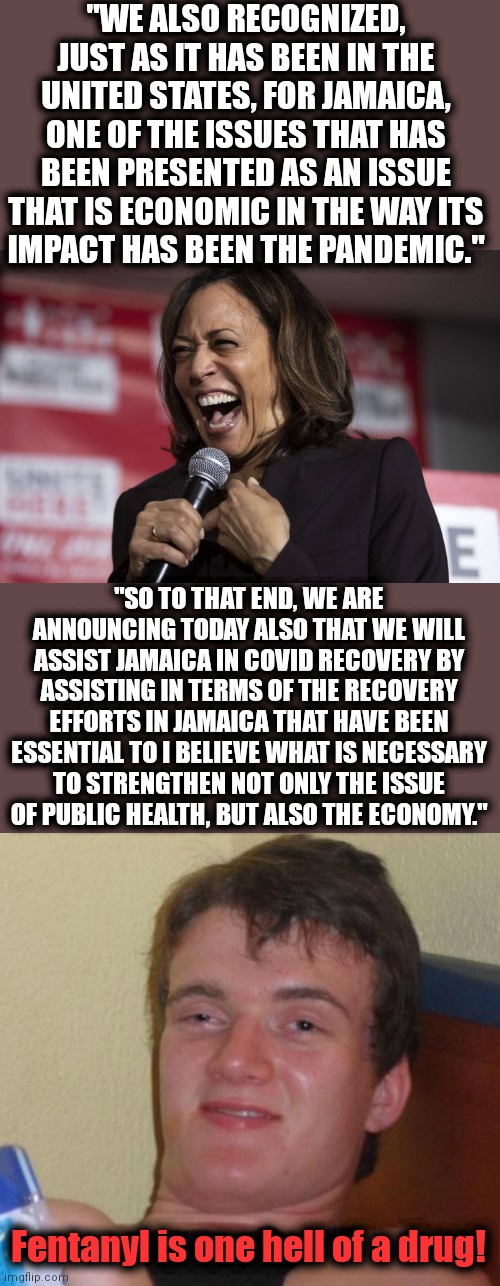 Please let Kamala be stoned out of her head, and not that f--king stupid! | "WE ALSO RECOGNIZED, JUST AS IT HAS BEEN IN THE UNITED STATES, FOR JAMAICA, ONE OF THE ISSUES THAT HAS BEEN PRESENTED AS AN ISSUE THAT IS ECONOMIC IN THE WAY ITS
IMPACT HAS BEEN THE PANDEMIC."; "SO TO THAT END, WE ARE ANNOUNCING TODAY ALSO THAT WE WILL ASSIST JAMAICA IN COVID RECOVERY BY ASSISTING IN TERMS OF THE RECOVERY EFFORTS IN JAMAICA THAT HAVE BEEN ESSENTIAL TO I BELIEVE WHAT IS NECESSARY
TO STRENGTHEN NOT ONLY THE ISSUE
OF PUBLIC HEALTH, BUT ALSO THE ECONOMY."; Fentanyl is one hell of a drug! | image tagged in kamala laughing,memes,10 guy,word salad,jamaica,drugs | made w/ Imgflip meme maker