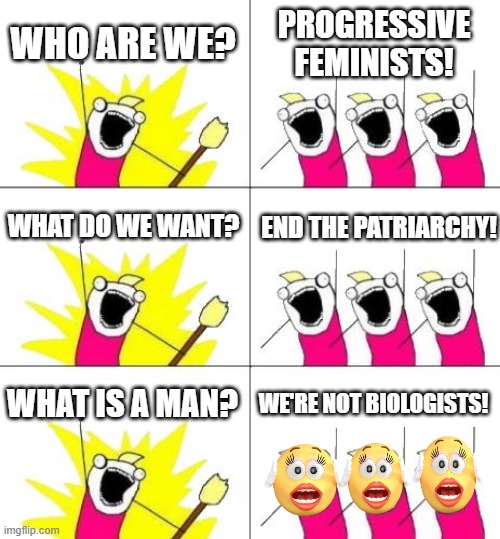 Down with the thing which we can no longer define! |  WHO ARE WE? PROGRESSIVE FEMINISTS! WHAT DO WE WANT? END THE PATRIARCHY! WHAT IS A MAN? WE'RE NOT BIOLOGISTS! | image tagged in what do we want,feminism,i'm not a biologist,patriarchy,liberal hypocrisy | made w/ Imgflip meme maker