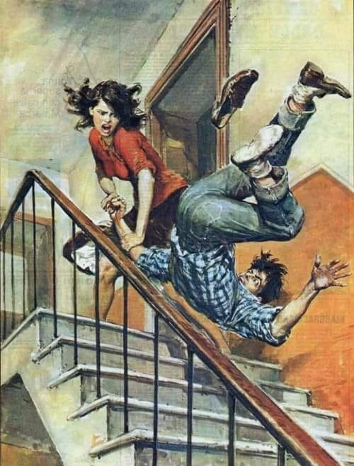 High Quality WOMAN THROWS MAN DOWN STAIRS, ANGRY WIFE Blank Meme Template