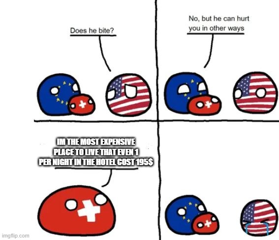 Swiss is the most expensive place to live | IM THE MOST EXPENSIVE PLACE TO LIVE THAT EVEN 1 PER NIGHT IN THE HOTEL COST 195$ | image tagged in country balls switzerland does he bite | made w/ Imgflip meme maker