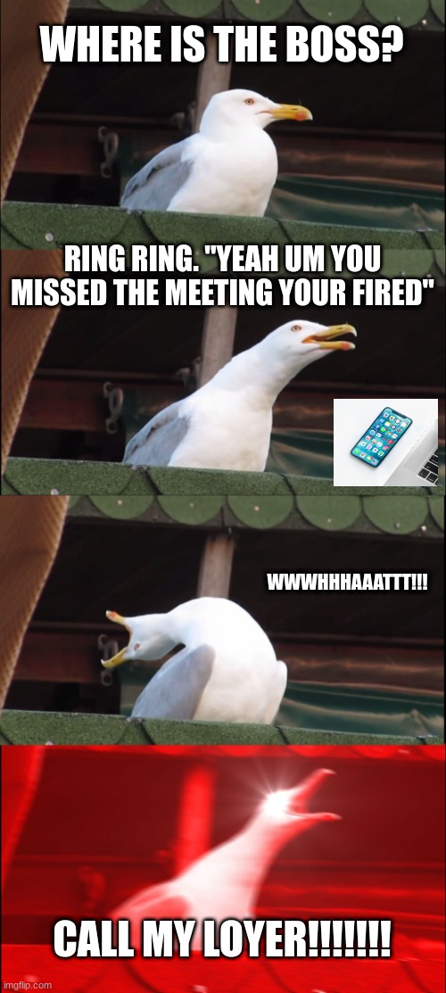 Inhaling Seagull Meme | WHERE IS THE BOSS? RING RING. "YEAH UM YOU MISSED THE MEETING YOUR FIRED"; WWWHHHAAATTT!!! CALL MY LOYER!!!!!!! | image tagged in memes,inhaling seagull | made w/ Imgflip meme maker