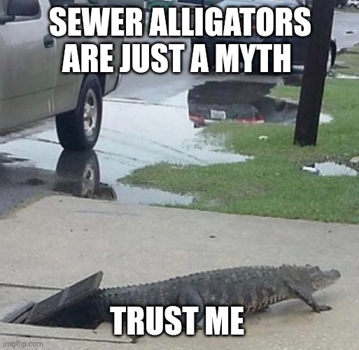 SEWER ALLIGATORS ARE JUST A MYTH; TRUST ME | image tagged in sewer,alligators | made w/ Imgflip meme maker