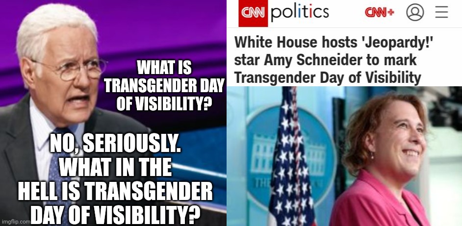 Alex Trebek: What Is Transgender Day Of Visibility? | WHAT IS TRANSGENDER DAY OF VISIBILITY? NO, SERIOUSLY. WHAT IN THE HELL IS TRANSGENDER DAY OF VISIBILITY? | image tagged in alex trebek,jeopardy,transgender,white house,biden | made w/ Imgflip meme maker