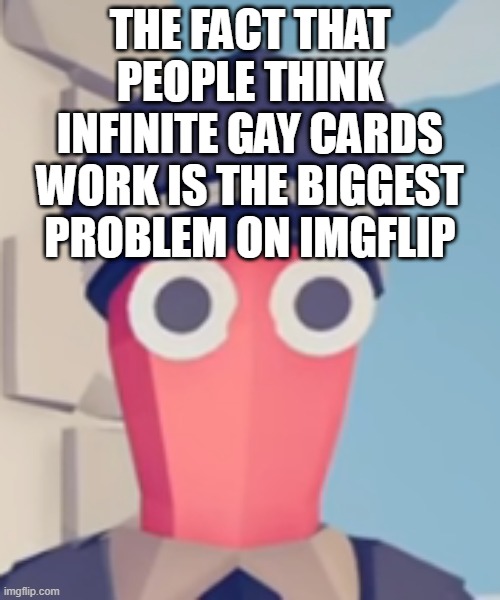 TABS Stare | THE FACT THAT PEOPLE THINK INFINITE GAY CARDS WORK IS THE BIGGEST PROBLEM ON IMGFLIP | image tagged in tabs stare | made w/ Imgflip meme maker