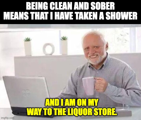 Clean | BEING CLEAN AND SOBER MEANS THAT I HAVE TAKEN A SHOWER; AND I AM ON MY WAY TO THE LIQUOR STORE. | image tagged in harold | made w/ Imgflip meme maker