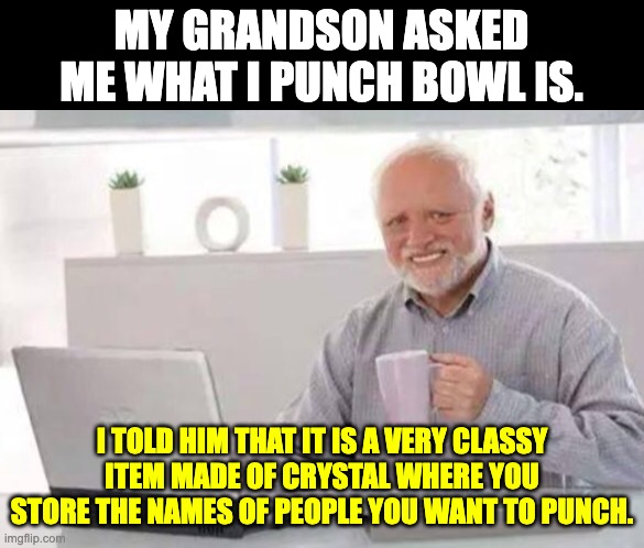 Punch | MY GRANDSON ASKED ME WHAT I PUNCH BOWL IS. I TOLD HIM THAT IT IS A VERY CLASSY ITEM MADE OF CRYSTAL WHERE YOU STORE THE NAMES OF PEOPLE YOU WANT TO PUNCH. | image tagged in harold | made w/ Imgflip meme maker