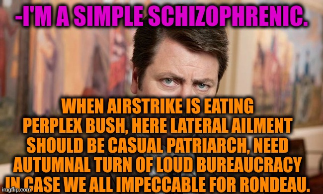 -As it translated from brain. | -I'M A SIMPLE SCHIZOPHRENIC. WHEN AIRSTRIKE IS EATING PERPLEX BUSH, HERE LATERAL AILMENT SHOULD BE CASUAL PATRIARCH, NEED AUTUMNAL TURN OF LOUD BUREAUCRACY IN CASE WE ALL IMPECCABLE FOR RONDEAU. | image tagged in i'm a simple man,schizophrenia,ron swanson,new meme,mental illness,eleven stranger things | made w/ Imgflip meme maker