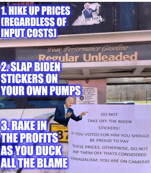 How To Price Gouge Republicans: | 3. RAKE IN 
THE PROFITS 
AS YOU DUCK
ALL THE BLAME | image tagged in blame,president_joe_biden,suckers,trololol | made w/ Imgflip meme maker