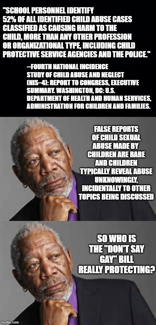 "SCHOOL PERSONNEL IDENTIFY 52% OF ALL IDENTIFIED CHILD ABUSE CASES CLASSIFIED AS CAUSING HARM TO THE CHILD, MORE THAN ANY OTHER PROFESSION OR ORGANIZATIONAL TYPE, INCLUDING CHILD PROTECTIVE SERVICE AGENCIES AND THE POLICE."; --FOURTH NATIONAL INCIDENCE STUDY OF CHILD ABUSE AND NEGLECT (NIS–4): REPORT TO CONGRESS, EXECUTIVE SUMMARY. WASHINGTON, DC: U.S. DEPARTMENT OF HEALTH AND HUMAN SERVICES, ADMINISTRATION FOR CHILDREN AND FAMILIES. FALSE REPORTS OF CHILD SEXUAL ABUSE MADE BY 
CHILDREN ARE RARE AND CHILDREN TYPICALLY REVEAL ABUSE UNKNOWINGLY, INCIDENTALLY TO OTHER TOPICS BEING DISCUSSED; SO WHO IS THE "DON'T SAY GAY" BILL REALLY PROTECTING? | image tagged in black background,deep thoughts by morgan freeman | made w/ Imgflip meme maker