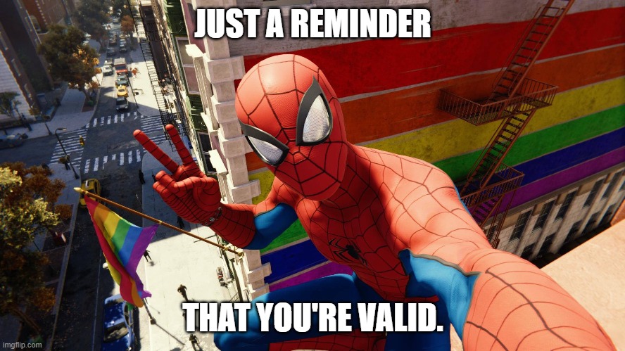 Aye, You said it Spidey. | JUST A REMINDER; THAT YOU'RE VALID. | image tagged in spiderman,spiderman camera,memes,moving hearts,valid | made w/ Imgflip meme maker