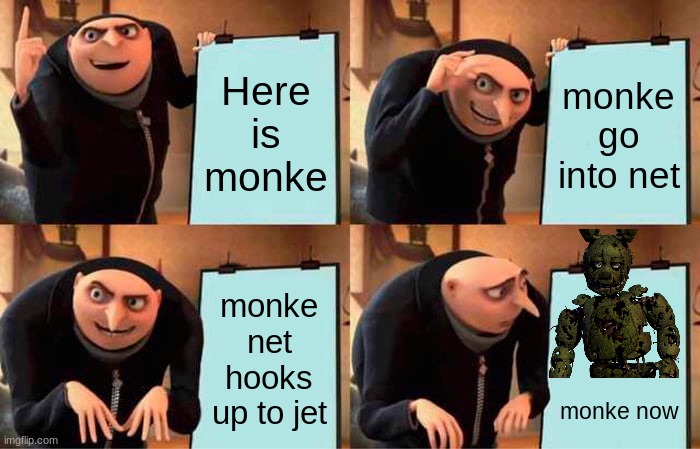 Gru's Plan | Here is monke; monke go into net; monke net hooks up to jet; monke now | image tagged in memes,gru's plan | made w/ Imgflip meme maker