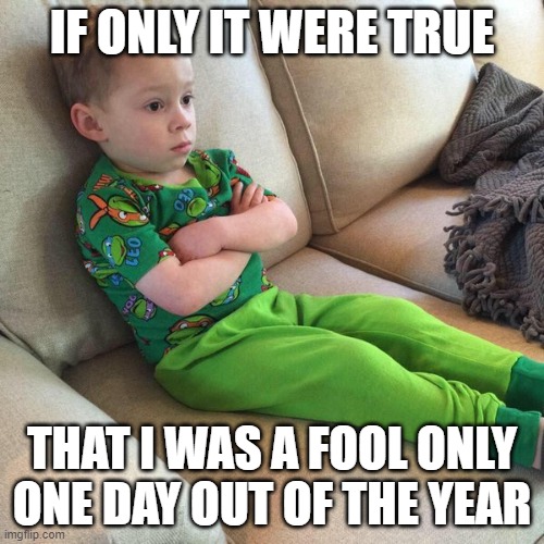 Foolin' 365 | IF ONLY IT WERE TRUE; THAT I WAS A FOOL ONLY ONE DAY OUT OF THE YEAR | image tagged in gavin pout,memes,april fools,all year | made w/ Imgflip meme maker