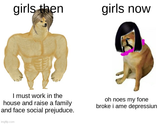 girls now and then. WHY | girls then; girls now; I must work in the house and raise a family and face social prejuduce. oh noes my fone broke i ame depressiun | image tagged in memes,buff doge vs cheems,girls,phone | made w/ Imgflip meme maker