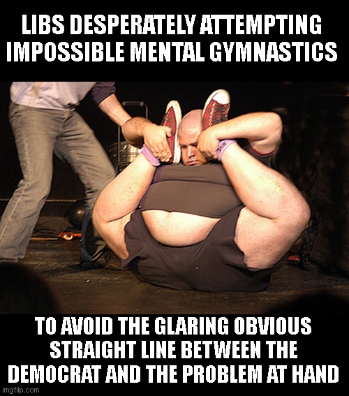 chubby contortionist | LIBS DESPERATELY ATTEMPTING IMPOSSIBLE MENTAL GYMNASTICS TO AVOID THE GLARING OBVIOUS STRAIGHT LINE BETWEEN THE DEMOCRAT AND THE PROBLEM AT  | image tagged in chubby contortionist | made w/ Imgflip meme maker