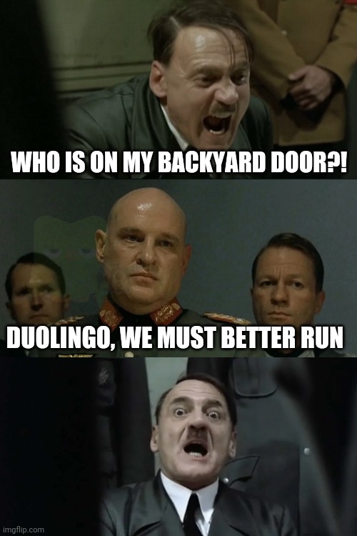 Oh shit | WHO IS ON MY BACKYARD DOOR?! DUOLINGO, WE MUST BETTER RUN | image tagged in hitler's bunker | made w/ Imgflip meme maker