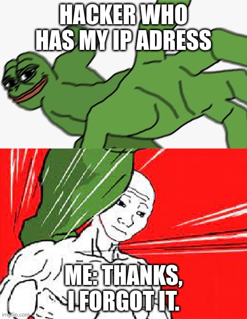 *insert clever and creative title here* | HACKER WHO HAS MY IP ADRESS; ME: THANKS, I FORGOT IT. | image tagged in pepe punch vs dodging wojak | made w/ Imgflip meme maker