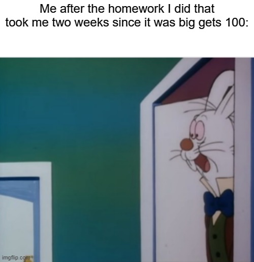 All the suffering was worth it for that 100 | Me after the homework I did that took me two weeks since it was big gets 100: | image tagged in white rabbit hype,homework | made w/ Imgflip meme maker