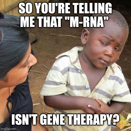 It's literally in the name | SO YOU'RE TELLING ME THAT "M-RNA"; ISN'T GENE THERAPY? | image tagged in memes,third world skeptical kid | made w/ Imgflip meme maker
