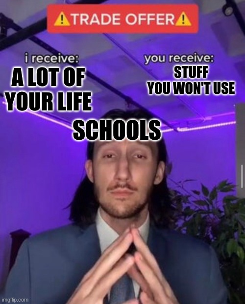Title |  STUFF YOU WON'T USE; A LOT OF YOUR LIFE; SCHOOLS | image tagged in i receive you receive,oh wow are you actually reading these tags,hi,school | made w/ Imgflip meme maker