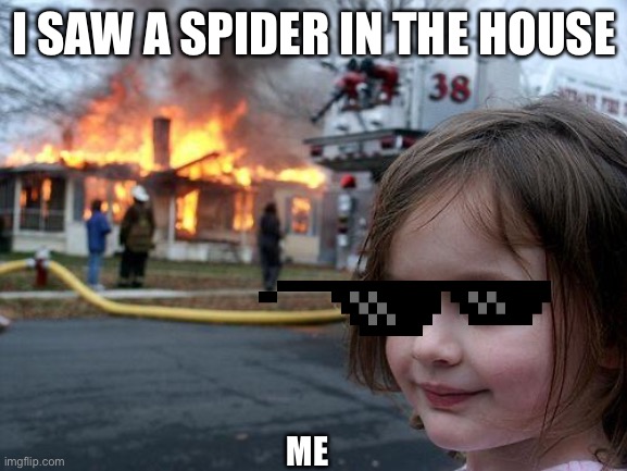 SPIDER | I SAW A SPIDER IN THE HOUSE; ME | image tagged in memes,disaster girl | made w/ Imgflip meme maker