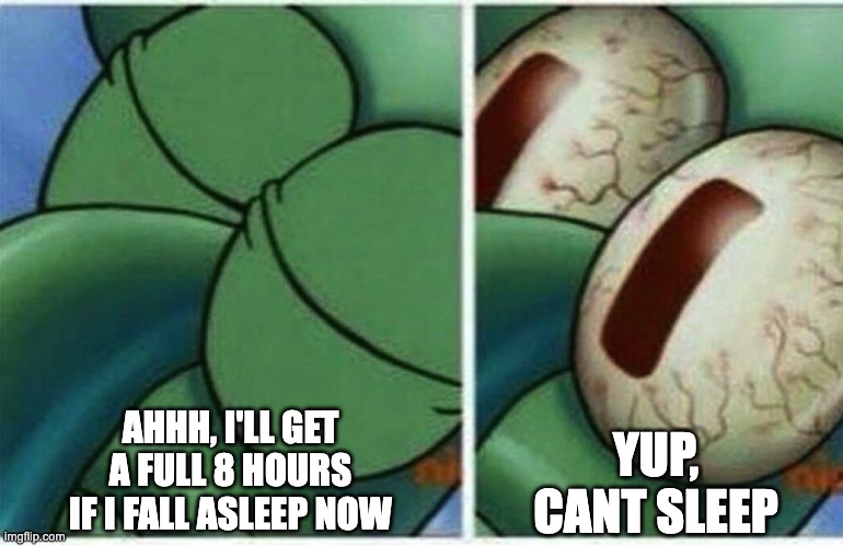 sleep |  AHHH, I'LL GET A FULL 8 HOURS IF I FALL ASLEEP NOW; YUP, CANT SLEEP | image tagged in squidward | made w/ Imgflip meme maker