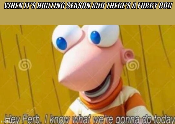 Get your rifles | WHEN IT'S HUNTING SEASON AND THERE'S A FURRY CON | image tagged in hey ferb | made w/ Imgflip meme maker