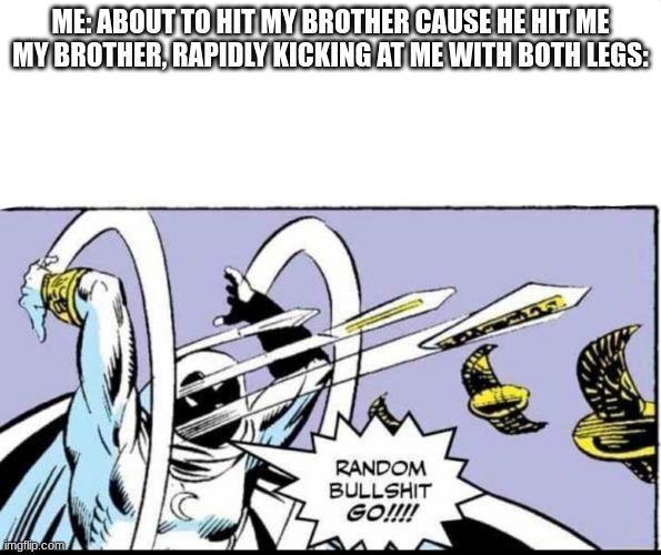 Random Bullshit Go! | ME: ABOUT TO HIT MY BROTHER CAUSE HE HIT ME
MY BROTHER, RAPIDLY KICKING AT ME WITH BOTH LEGS: | image tagged in random bullshit go | made w/ Imgflip meme maker