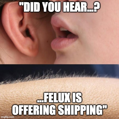 Whisper and Goosebumps | "DID YOU HEAR...? ...FELUX IS OFFERING SHIPPING" | image tagged in whisper and goosebumps | made w/ Imgflip meme maker