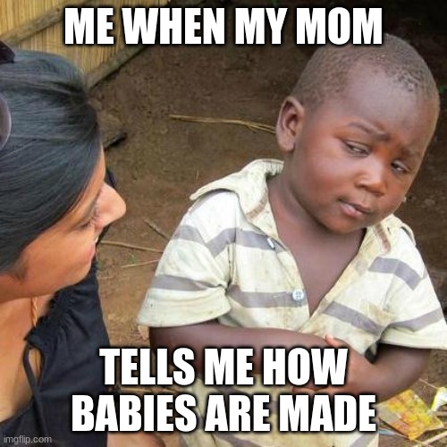 Third World Skeptical Kid Meme | ME WHEN MY MOM; TELLS ME HOW BABIES ARE MADE | image tagged in memes,third world skeptical kid,mom | made w/ Imgflip meme maker