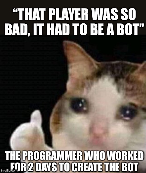 Video games | “THAT PLAYER WAS SO BAD, IT HAD TO BE A BOT”; THE PROGRAMMER WHO WORKED FOR 2 DAYS TO CREATE THE BOT | image tagged in sad thumbs up cat | made w/ Imgflip meme maker