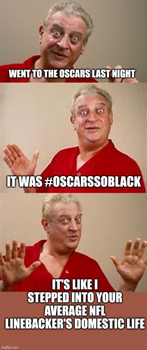 Went to the Oscars and a hockey game broke out. Well, Will slapped a b**ch, so that's more like the National Felons League. | WENT TO THE OSCARS LAST NIGHT; IT WAS #OSCARSSOBLACK; IT'S LIKE I STEPPED INTO YOUR AVERAGE NFL LINEBACKER'S DOMESTIC LIFE | image tagged in bad pun dangerfield | made w/ Imgflip meme maker