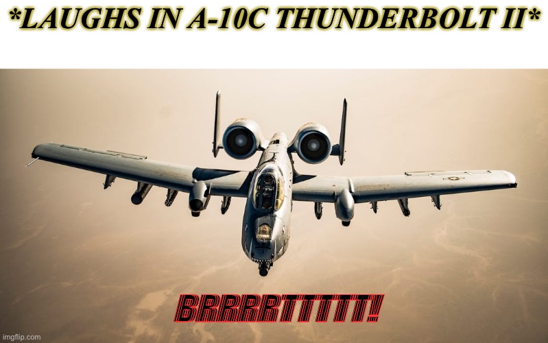 A-10 Warthog | *LAUGHS IN A-10C THUNDERBOLT II*; BRRRRTTTTT! | image tagged in a-10 warthog | made w/ Imgflip meme maker