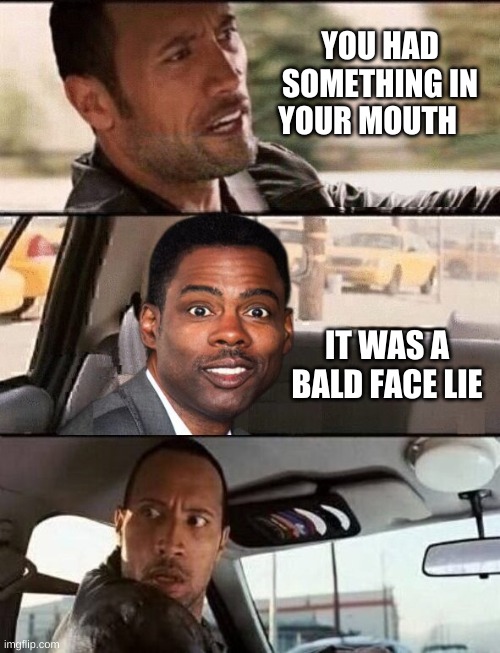 YOU HAD SOMETHING IN YOUR MOUTH; IT WAS A BALD FACE LIE | image tagged in the rock driving,oscars,chris rock,stunt,slap,will smith | made w/ Imgflip meme maker