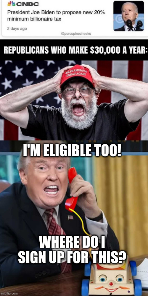 He thinks its a tax credit lol | WHERE DO I SIGN UP FOR THIS? I'M ELIGIBLE TOO! | image tagged in i'm the president,rumpt,dummy | made w/ Imgflip meme maker