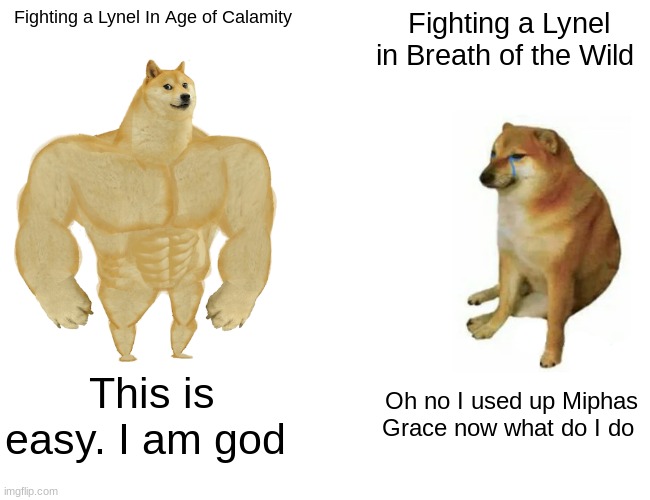 Buff Doge vs. Cheems | Fighting a Lynel In Age of Calamity; Fighting a Lynel in Breath of the Wild; This is easy. I am god; Oh no I used up Miphas Grace now what do I do | image tagged in memes,buff doge vs cheems,the legend of zelda breath of the wild | made w/ Imgflip meme maker