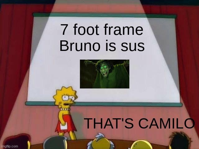 "Bruno" is sus | 7 foot frame
Bruno is sus; THAT'S CAMILO | image tagged in lisa simpson's presentation | made w/ Imgflip meme maker