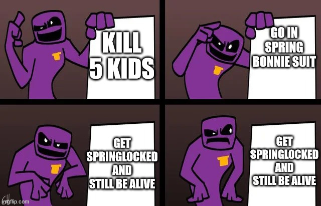 purple guy plan | KILL 5 KIDS; GO IN SPRING BONNIE SUIT; GET SPRINGLOCKED AND STILL BE ALIVE; GET SPRINGLOCKED AND STILL BE ALIVE | image tagged in gru meme but fnaf | made w/ Imgflip meme maker