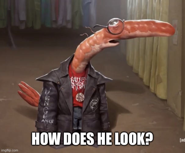 Shrimp drip | HOW DOES HE LOOK? | image tagged in shrimp drip | made w/ Imgflip meme maker