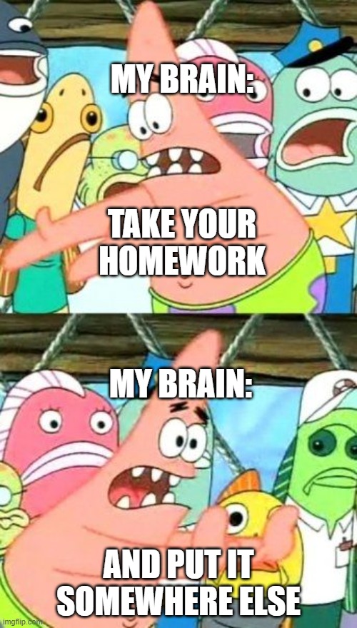 Put It Somewhere Else Patrick | MY BRAIN:; TAKE YOUR HOMEWORK; MY BRAIN:; AND PUT IT SOMEWHERE ELSE | image tagged in memes,put it somewhere else patrick | made w/ Imgflip meme maker