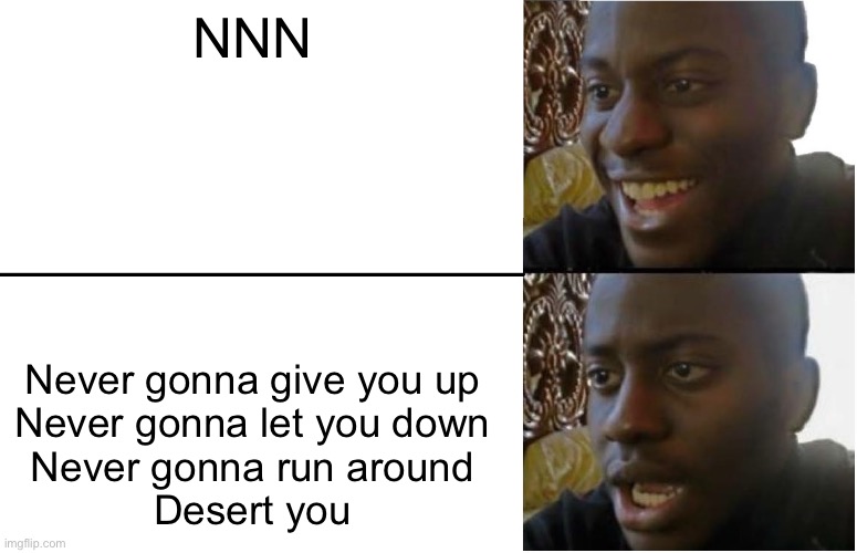 Disappointed Black Guy | NNN; Never gonna give you up
Never gonna let you down
Never gonna run around
Desert you | image tagged in disappointed black guy | made w/ Imgflip meme maker