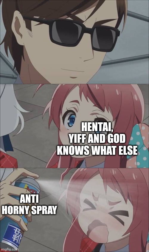 Anime spray | HENTAI, YIFF AND GOD KNOWS WHAT ELSE ANTI HORNY SPRAY | image tagged in anime spray | made w/ Imgflip meme maker