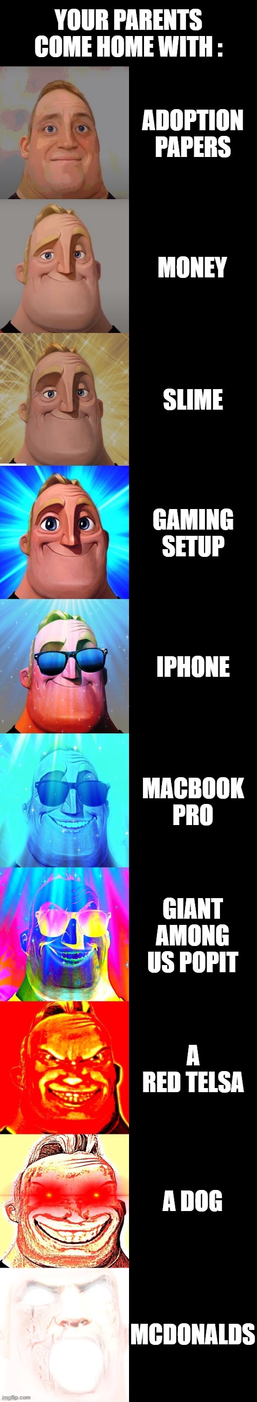 Your parents bring home | YOUR PARENTS COME HOME WITH :; ADOPTION PAPERS; MONEY; SLIME; GAMING SETUP; IPHONE; MACBOOK PRO; GIANT AMONG US POPIT; A RED TELSA; A DOG; MCDONALDS | image tagged in mr incredible becoming canny | made w/ Imgflip meme maker