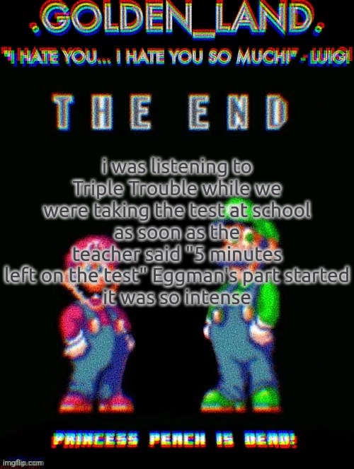 IHY.EXE Temp (Thanks Doggo!) | i was listening to Triple Trouble while we were taking the test at school
as soon as the teacher said "5 minutes left on the test" Eggman's part started
it was so intense | image tagged in ihy exe temp thanks doggo | made w/ Imgflip meme maker