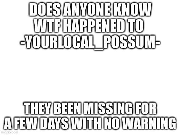 -YourLocal_Possum- where ya at? | DOES ANYONE KNOW WTF HAPPENED TO 
-YOURLOCAL_POSSUM-; THEY BEEN MISSING FOR A FEW DAYS WITH NO WARNING | image tagged in blank white template | made w/ Imgflip meme maker